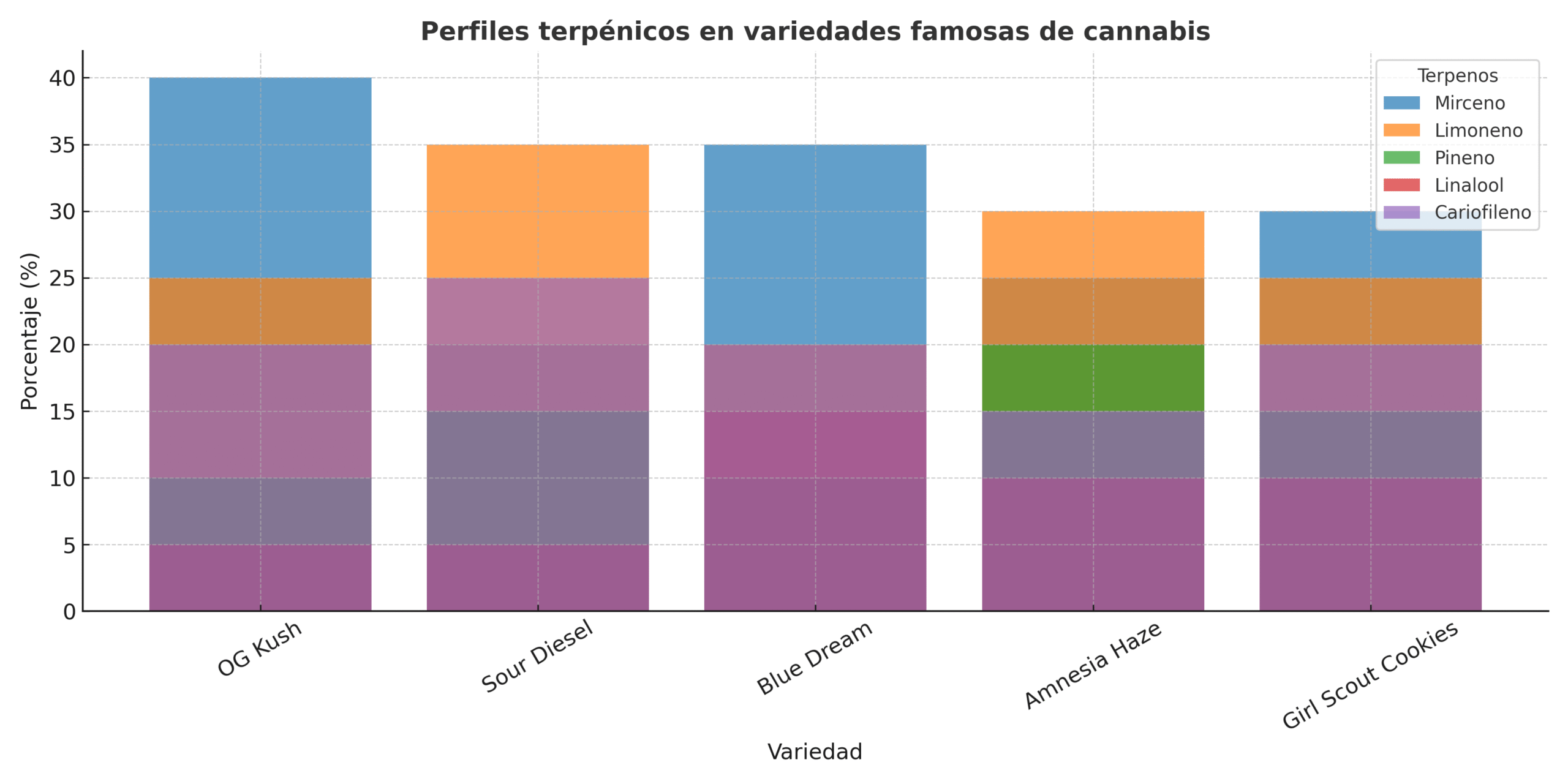 Gráfico macro de hojas de cannabis mostrando tricomas y perfiles de terpenos de variedades famosas